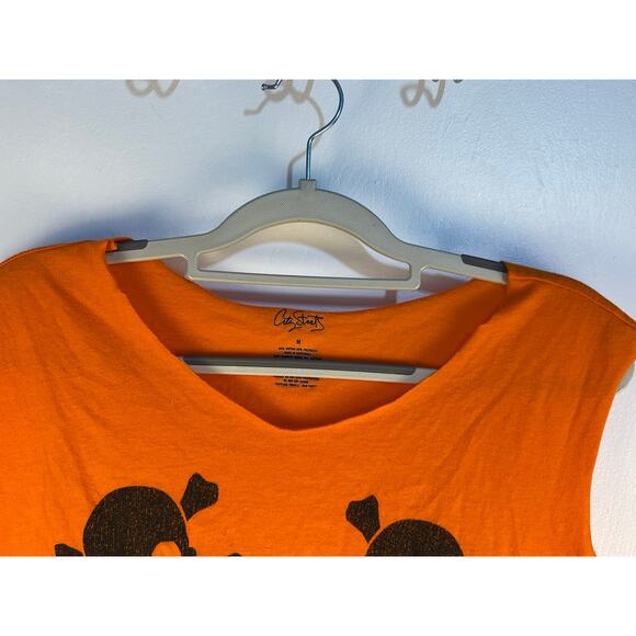 Upcycled Halloween Skeleton Skull T-Shirt Medium Orange Fringe Distressed - Picture 4 of 7